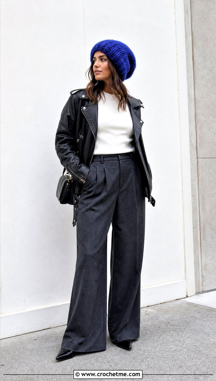 Slouchy Mohair Crochet Beanie With Leather Jacket And Trousers - 35 mohair crochet beanie outfit ideas