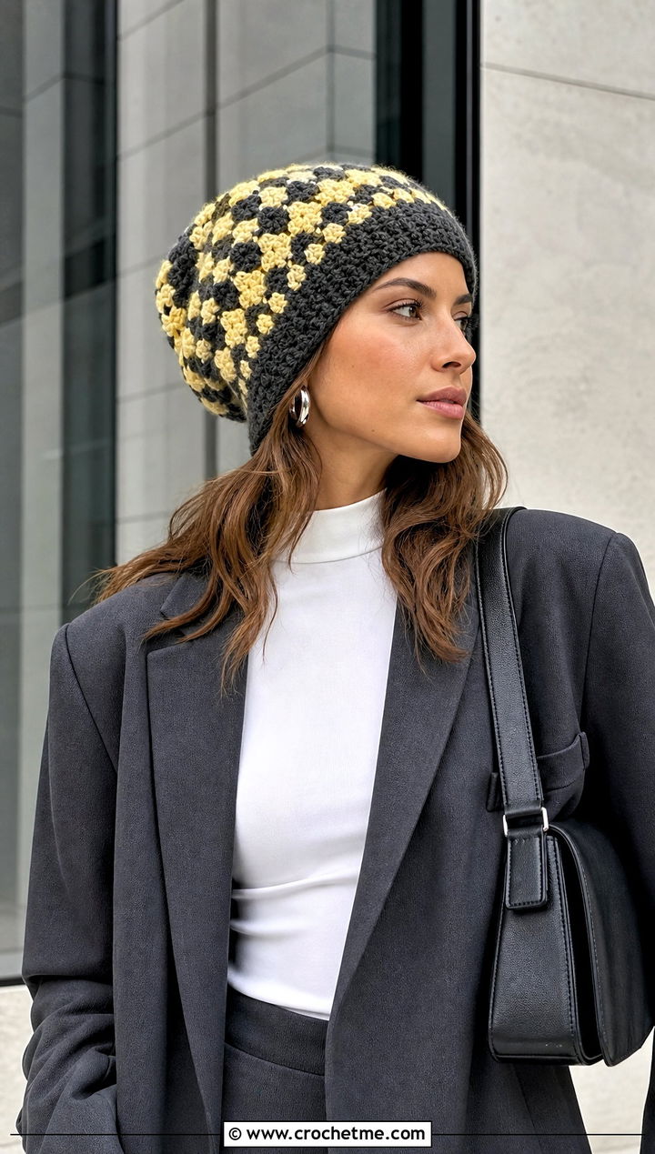 Slouchy Mosaic Crochet Beanie With Oversized Blazer - 25 Mosaic Crochet Beanie outfit ideas