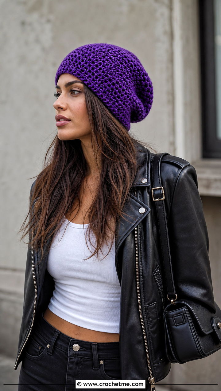 Slouchy Moss Stitch Beanie With Leather Jacket - 20 Crochet Moss Stitch Beanie outfit ideas