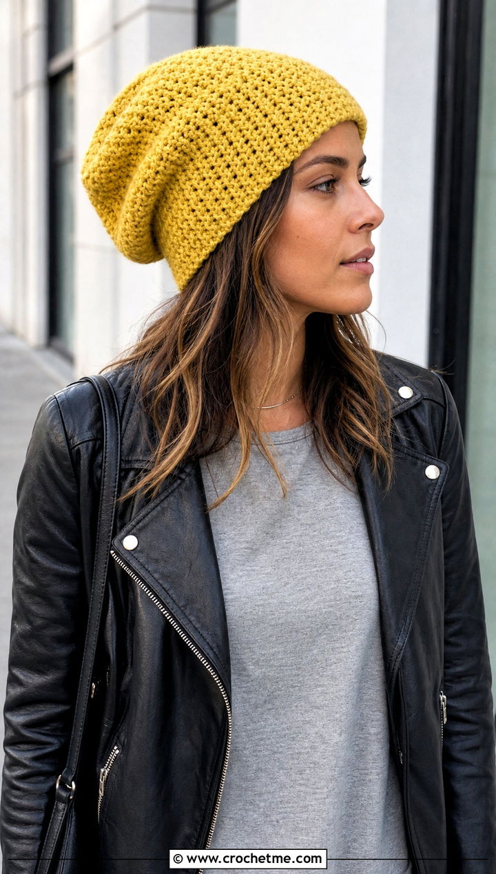 Slouchy Moss Stitch Beanie With Leather Jacket - 25 Crochet Moss Stitch Hat outfit ideas