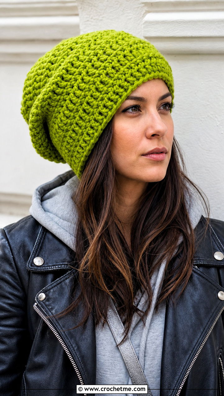 Slouchy Mountain Ridge Crochet Beanie With Leather Jacket - 15 Mountain Ridge Crochet Beanie outfit ideas