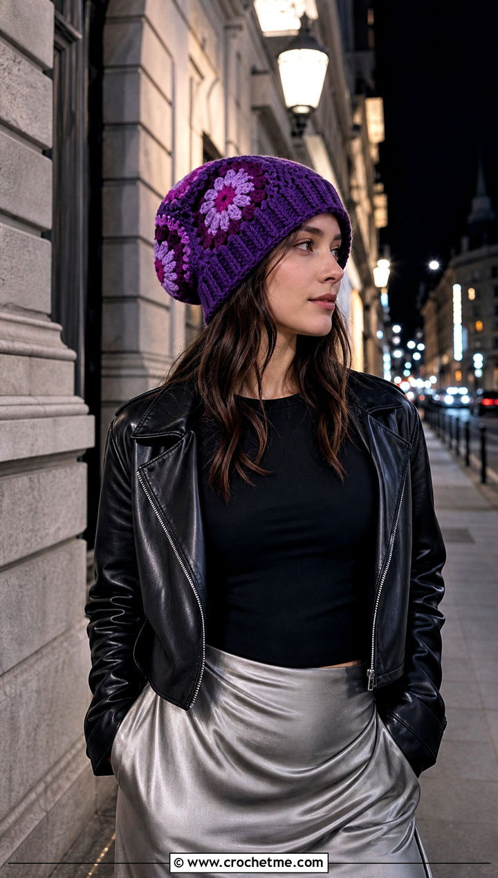 Slouchy Mushroom Beanie With Leather Jacket And Skirt - 20 crochet mushroom beanie outfit ideas