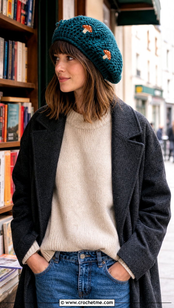 Slouchy Mushroom Crochet Cap With Sweater And Jeans - 20 Mushroom Crochet Cap outfit ideas