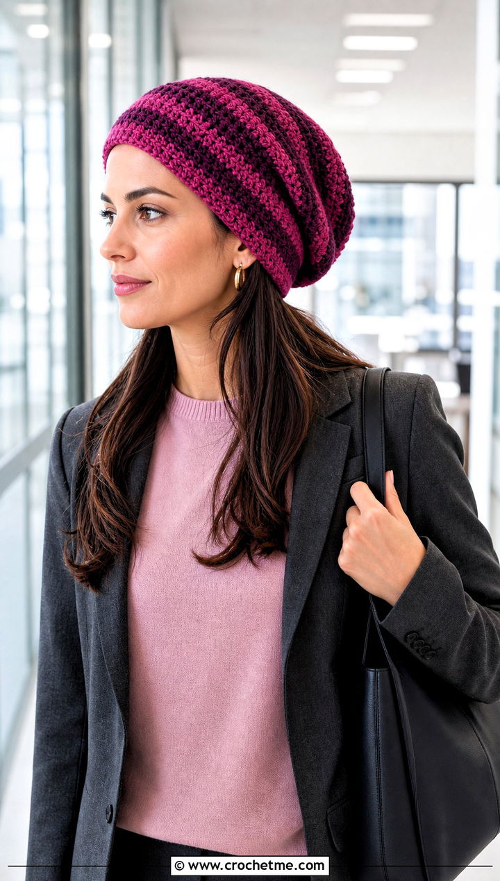 Slouchy Narrow Striped Crochet Beanie With Blazer - 15 Crochet Striped Beanies outfit ideas