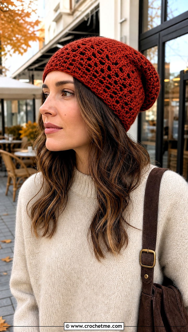 Slouchy Net Beanie With Sweater And Jeans - 25 crochet net hat outfit ideas