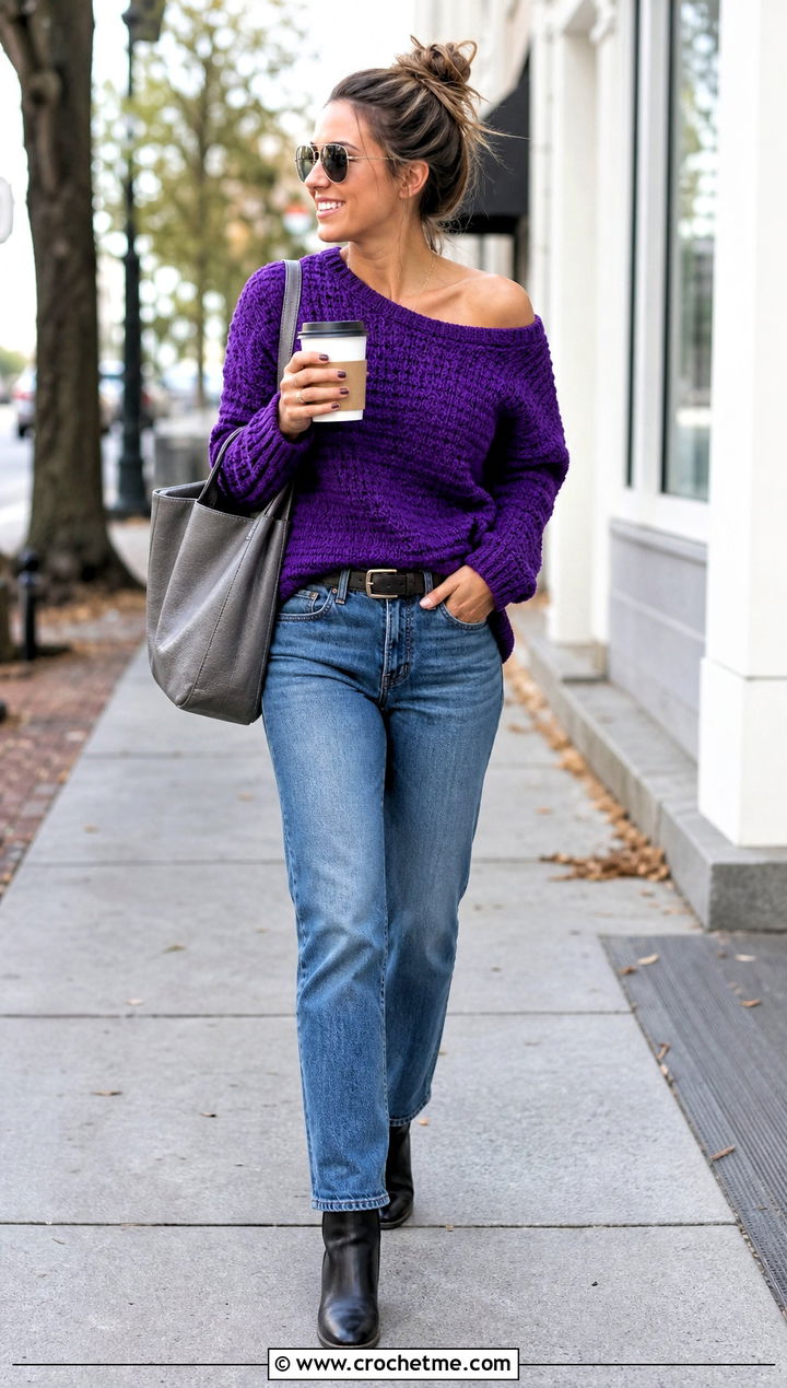Slouchy Off Shoulder Crochet Sweater With Straight Leg Jeans - 30 Off Shoulder Crochet Top outfit ideas