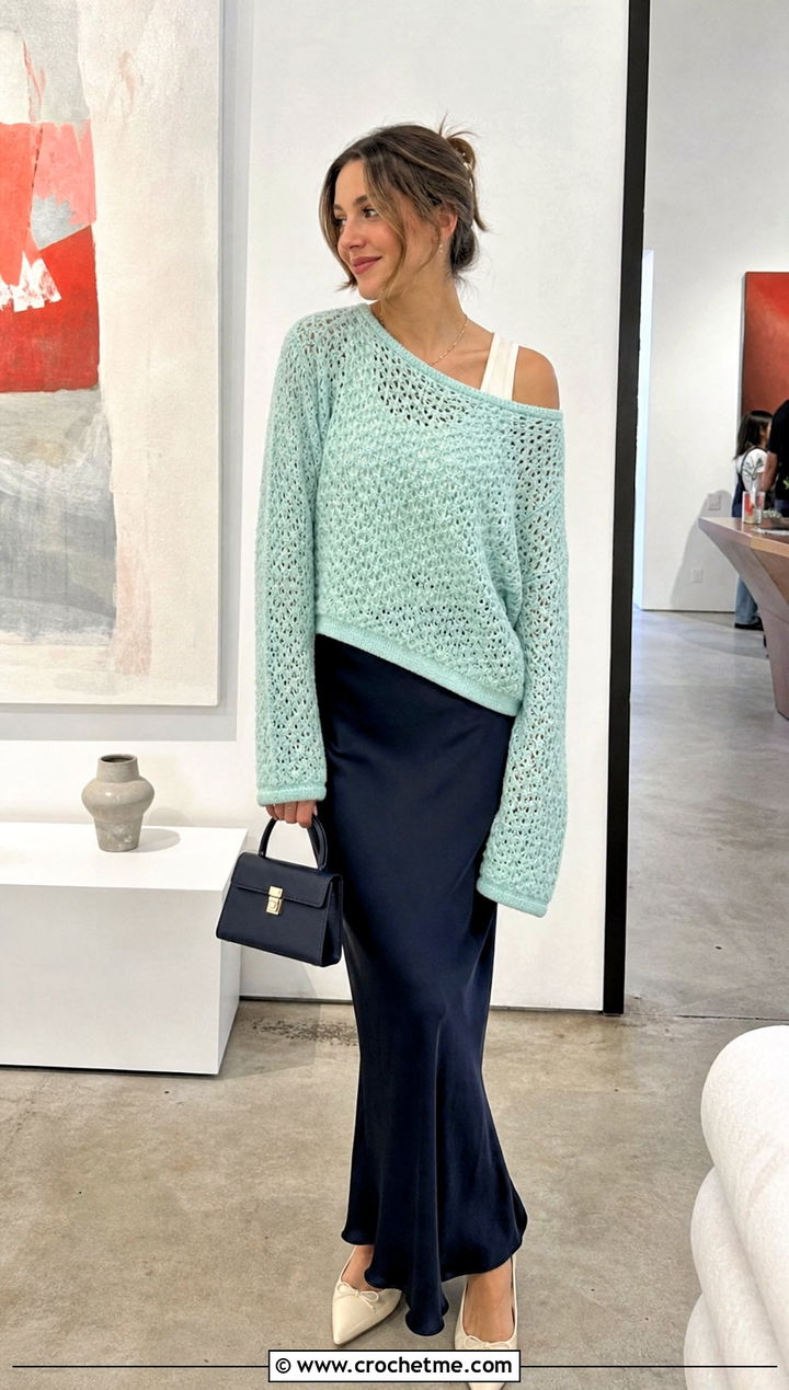 Slouchy Off Shoulder V Stitch Crochet Sweater With Slip Skirt - 25 V Stitch Crochet Sweater outfit ideas