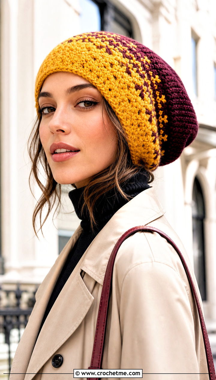 Slouchy Ombre Fair Isle Crochet Beanie With Trench Coat - 15 Fair Isle Crochet Beanie outfit ideas