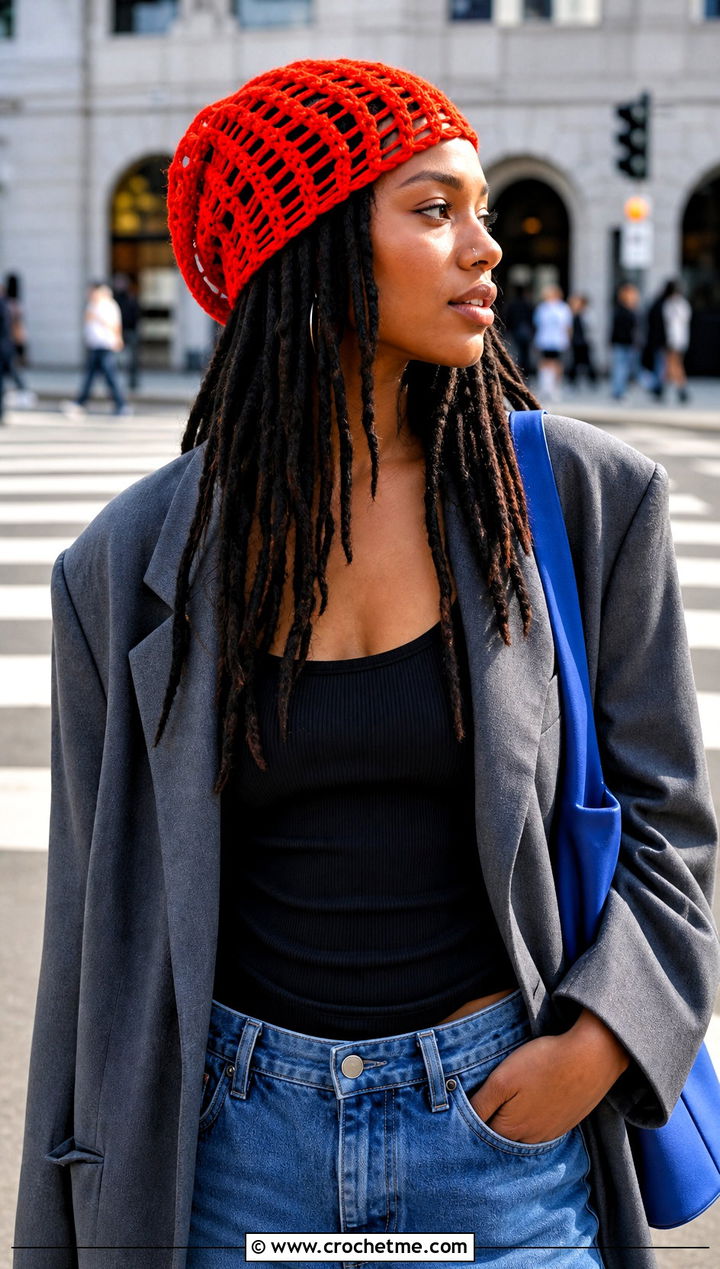 Slouchy Open Back Crochet Tube Hat With Oversized Blazer - 25 Crochet Tube Hat outfit ideas
