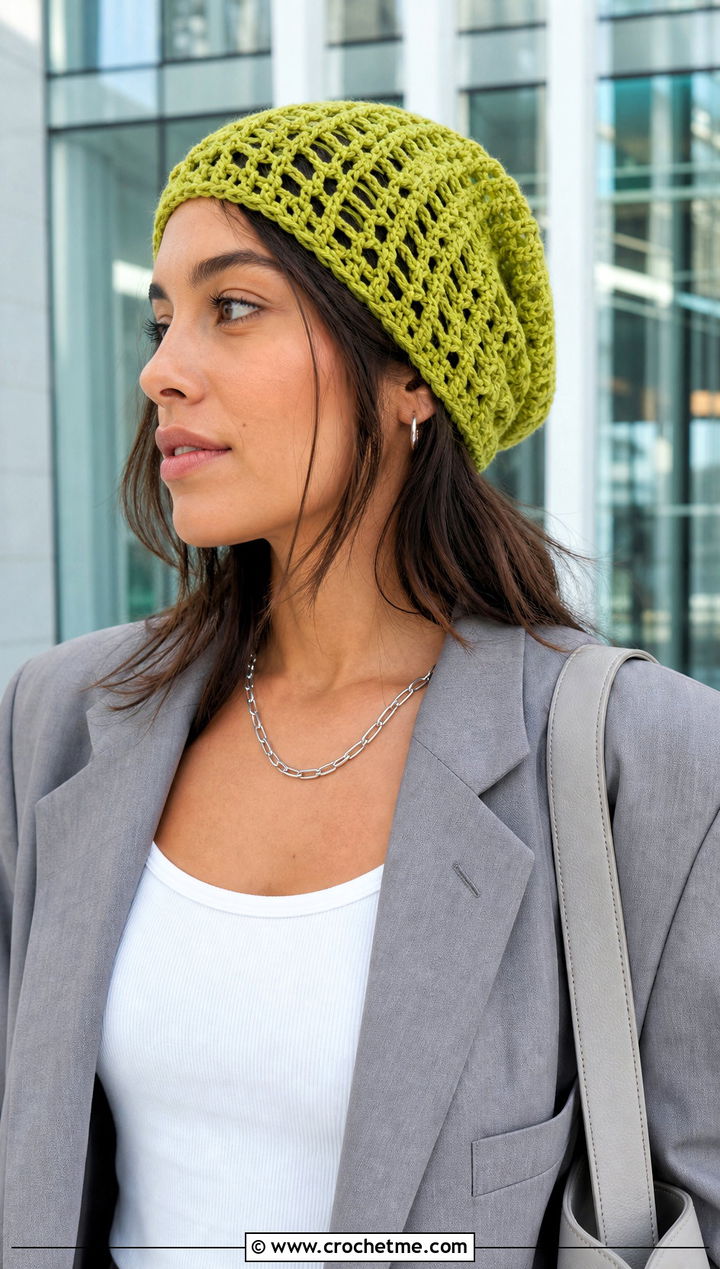 Slouchy Openwork Crochet Beanie With Oversized Suit - 25 crochet mesh beanie outfit ideas