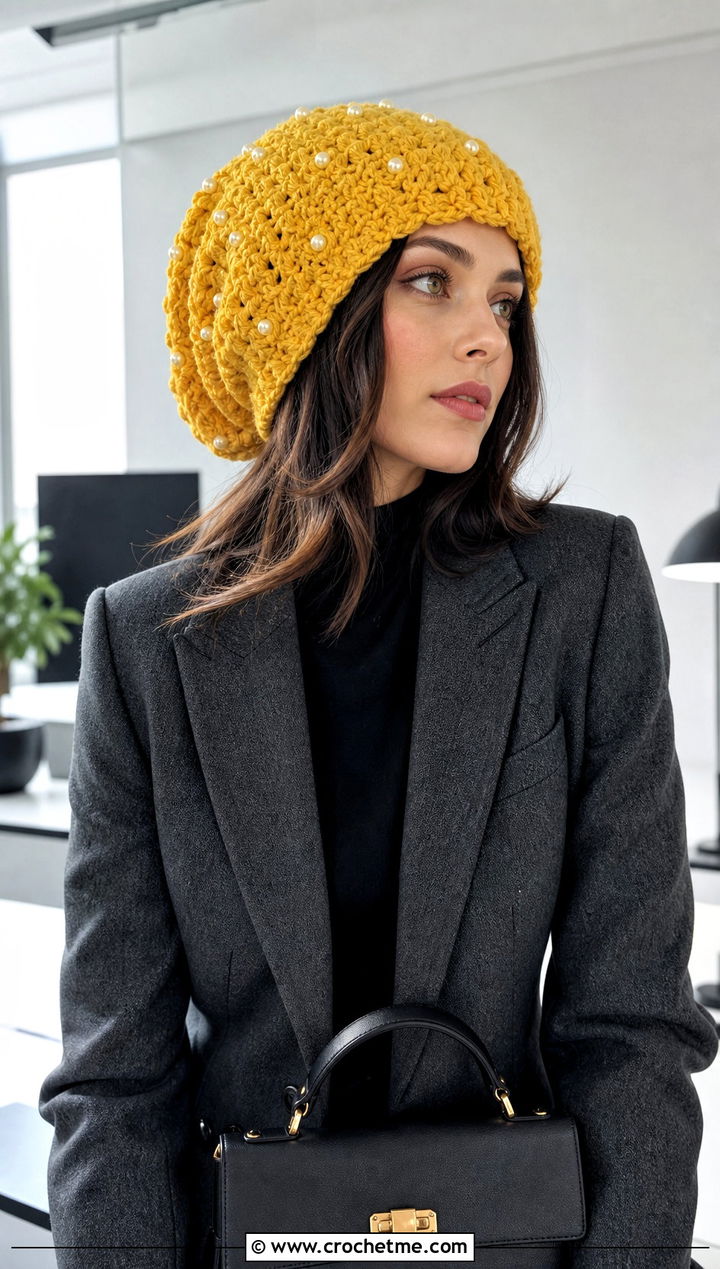Slouchy Pearl Crochet Beanie With Tailored Blazer - 15 Pearl Crochet Beanie outfit ideas