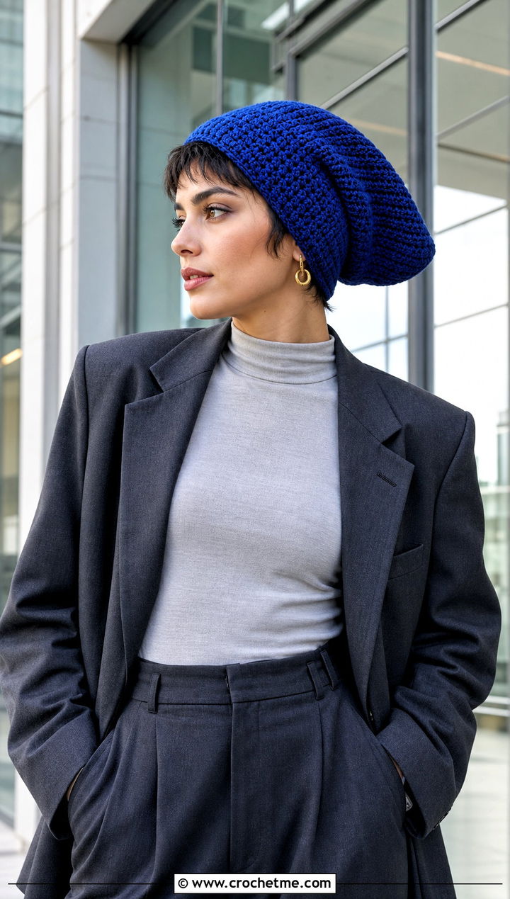 Slouchy Pixie Crochet Beanie With Blazer and Trousers - 20 Pointed Crochet Hat outfit ideas