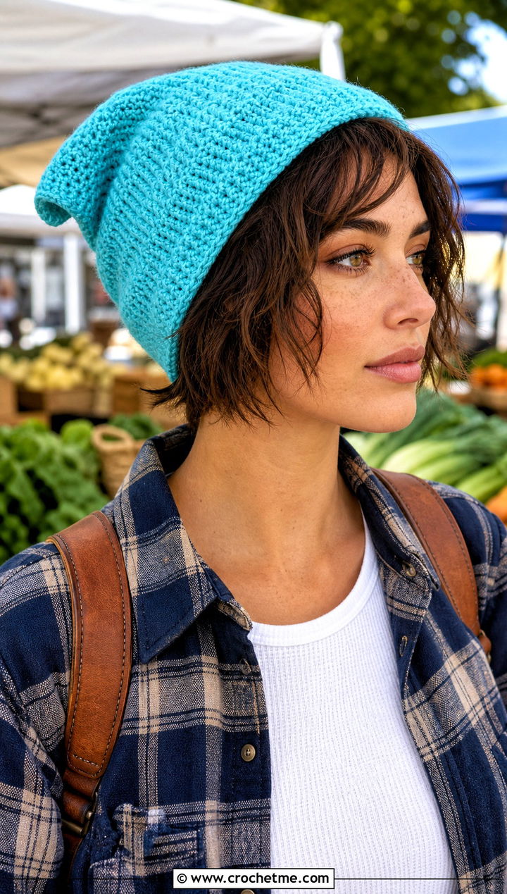 Slouchy Pixie Crochet Stocking Cap With Plaid Overshirt - 20 Crochet Long Stocking Cap outfit ideas