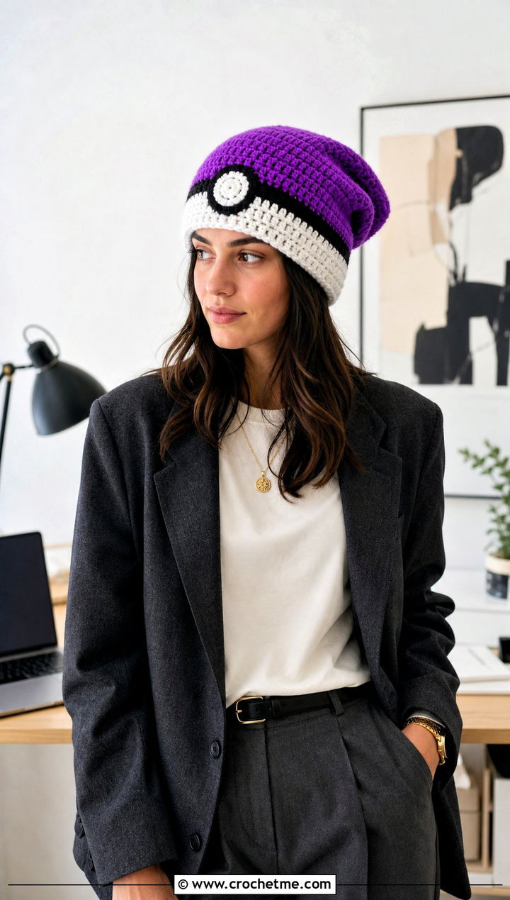 Slouchy Pokeball Crochet Beanie With Blazer Outfit - 20 Pokeball Crochet Hat outfit ideas