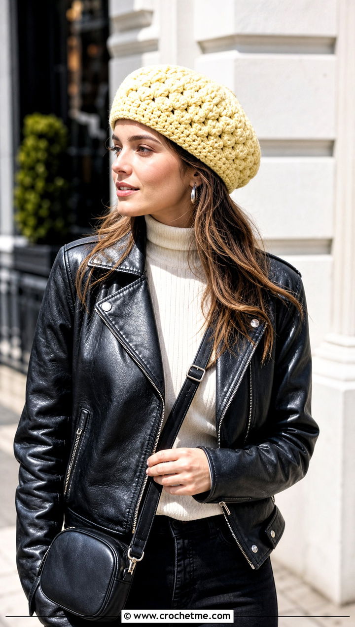 Slouchy Puff Stitch Crochet Beret With Leather Jacket - 15 simple crochet beret outfit ideas
