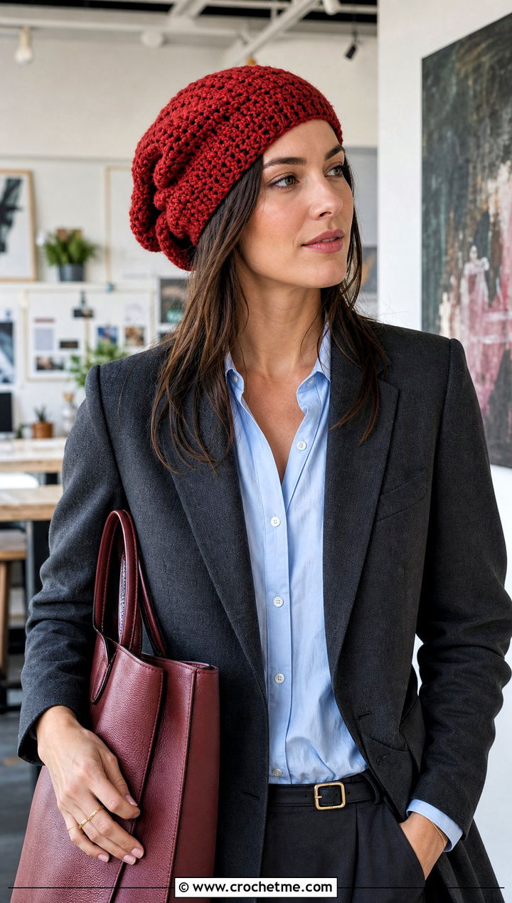 Slouchy Red Crochet Beret With Blazer And Trousers - 15 red crochet beret outfit ideas