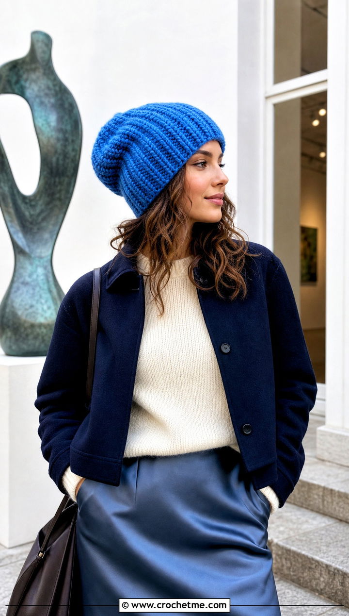 Slouchy Ribbed Bulky Crochet Beanie With Satin Skirt - 30 bulky crochet beanie outfit ideas