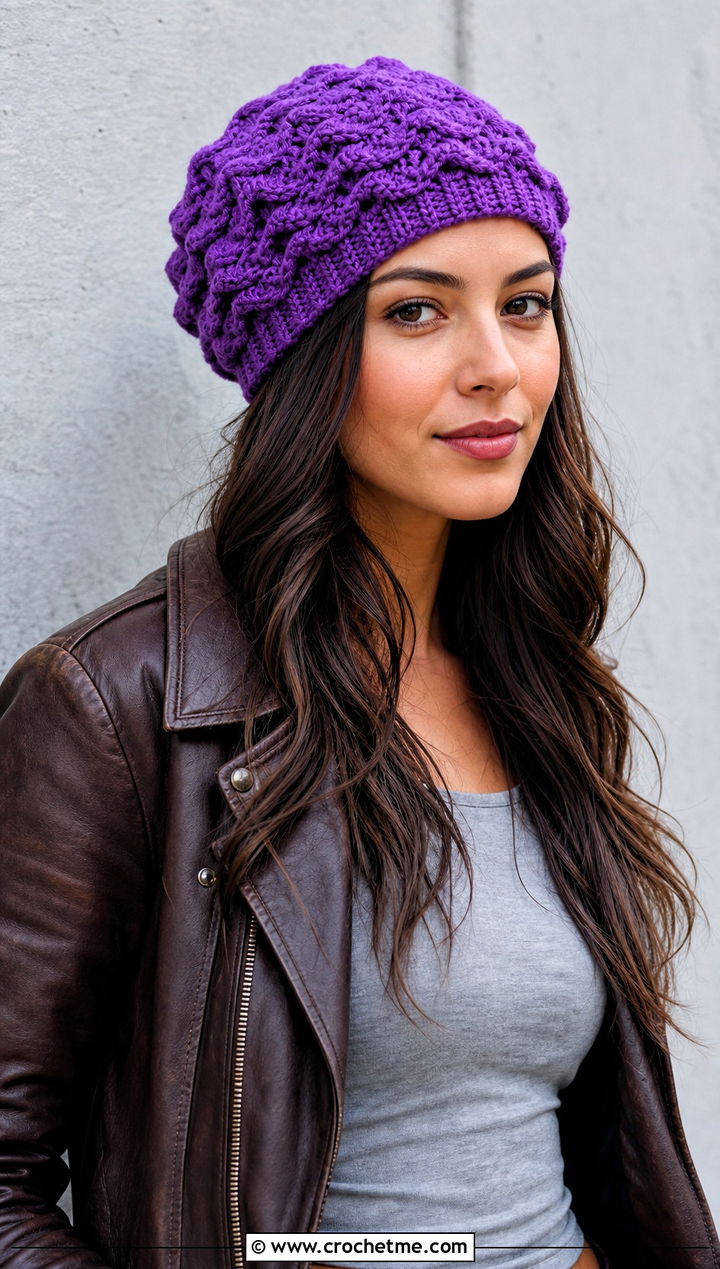 Slouchy Ripple Crochet Beanie With Leather Jacket - 20 Wavy Crochet Beanie outfit ideas