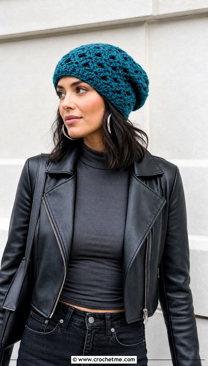 Slouchy Shell Stitch Beanie With Leather Jacket - 15 Crochet Shell Stitch Beanie outfit ideas