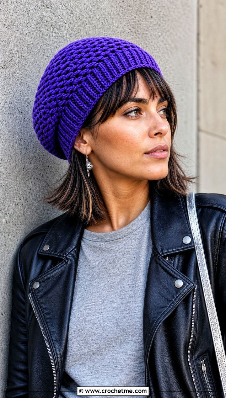 Slouchy Short Row Crochet Beanie With Leather Jacket - 25 short row crochet hat outfit ideas