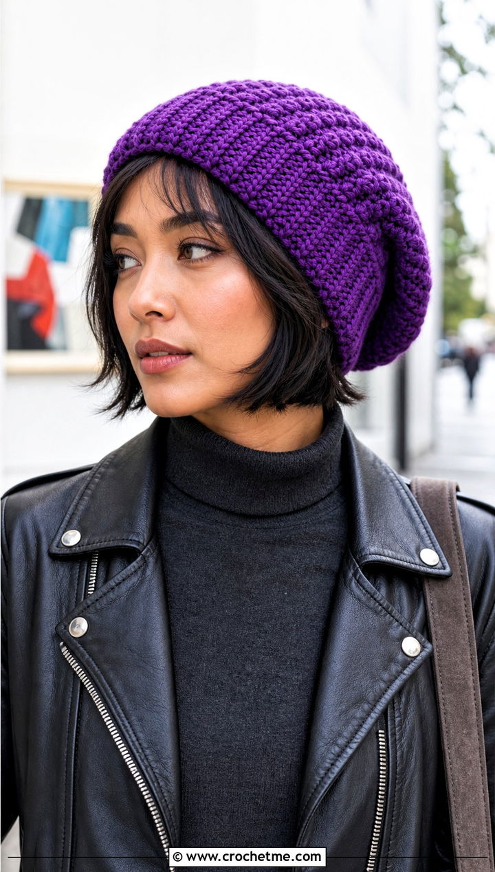 Slouchy Short Row Crochet Hat With Leather Jacket - 25 Crochet Short Rows Hat outfit ideas