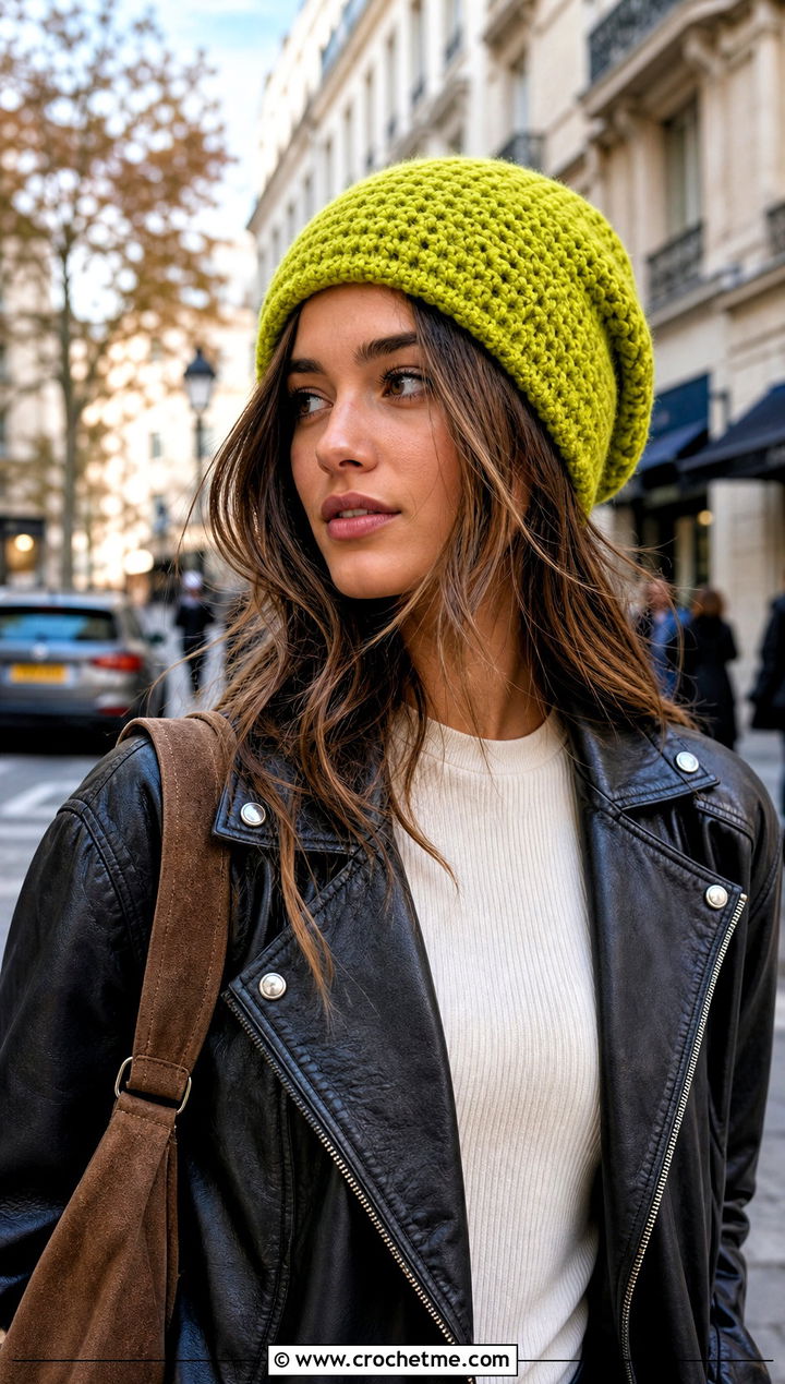 Slouchy Single Crochet Beanie With Leather Jacket - 15 Sc Crochet Beanie outfit ideas