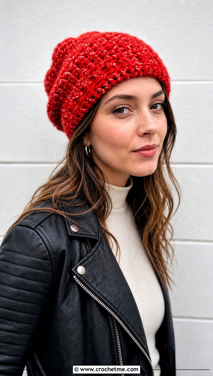 Slouchy Snowy Puff Crochet Hat With Leather Jacket - 15 snowy puff crochet hat outfit ideas