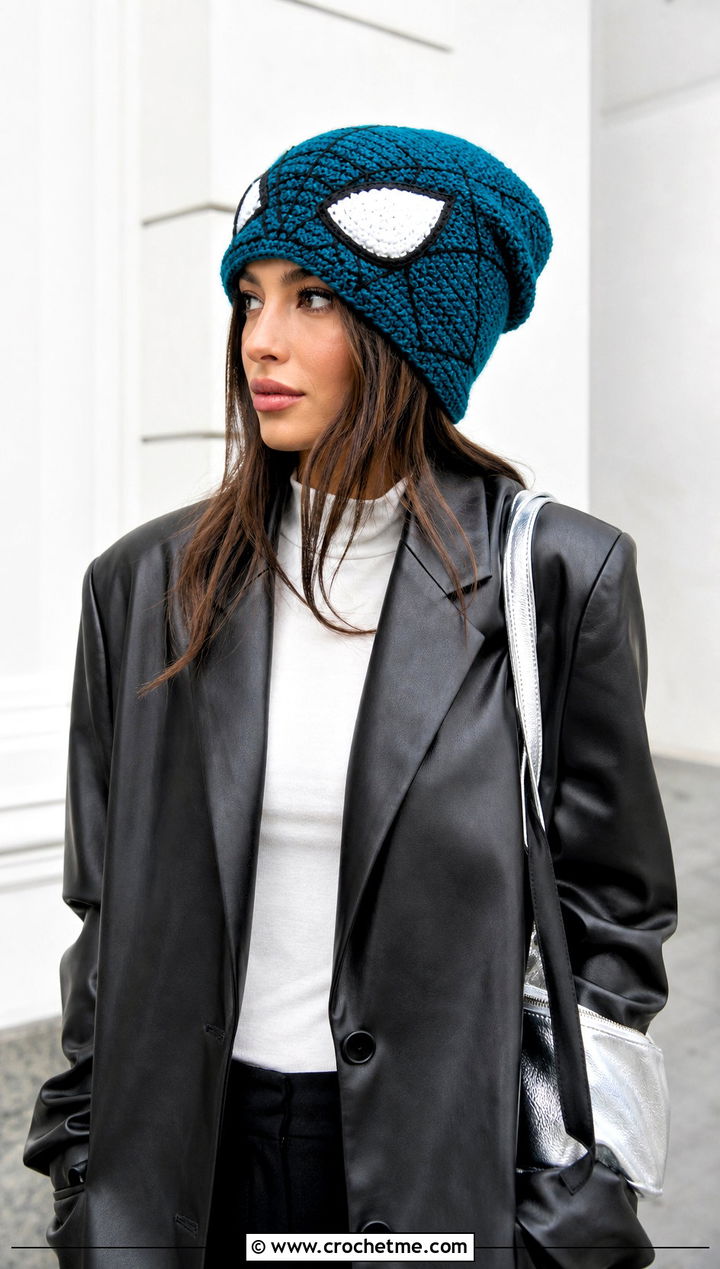 Slouchy Spider Gwen Crochet Beanie With Leather Blazer - 20 Spider Gwen Crochet Beanie outfit ideas