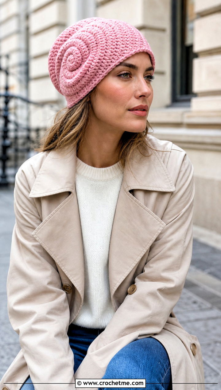 Slouchy Spiral Crochet Hat With Trench Coat - 25 Spiral Crochet Hat outfit ideas