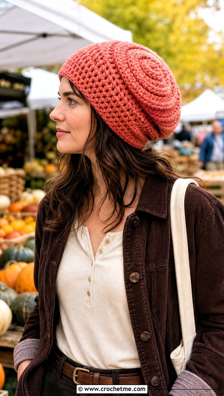 Slouchy Spiral Hat With Corduroy Jacket - 15 crochet vintage swirl hat outfit ideas