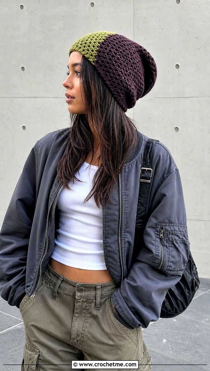 Slouchy Split Color Crochet Beanie With Cargo Pants - 15 Split Color Crochet Beanie outfit ideas