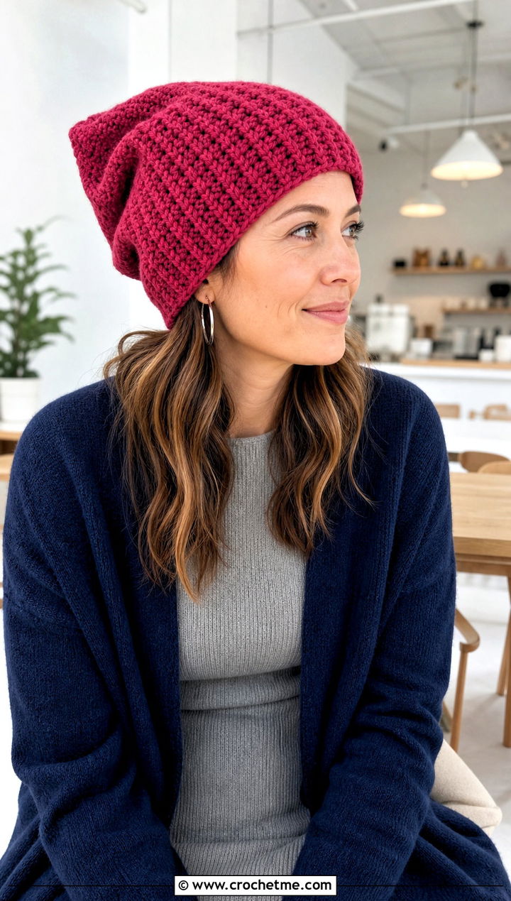 Slouchy Square Crochet Beanie With Knit Dress - 25 square crochet beanie outfit ideas