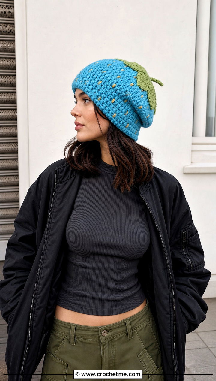Slouchy Strawberry Beanie With Cargo Pants - 30 Crochet Strawberry Beanie outfit ideas