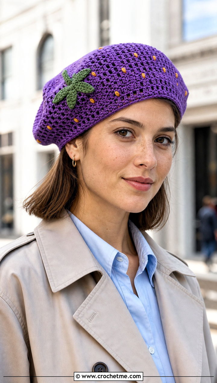 Slouchy Strawberry Crochet Beret With Trench Coat - 25 strawberry crochet beret outfit ideas