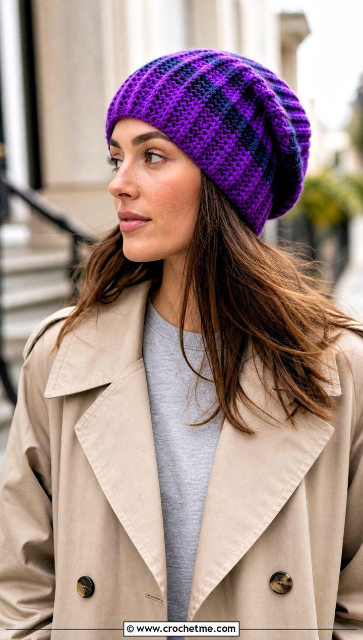 Slouchy Striped Clancy Crochet Beanie With Trench Coat And Leggings - 30 clancy beanie crochet outfit ideas