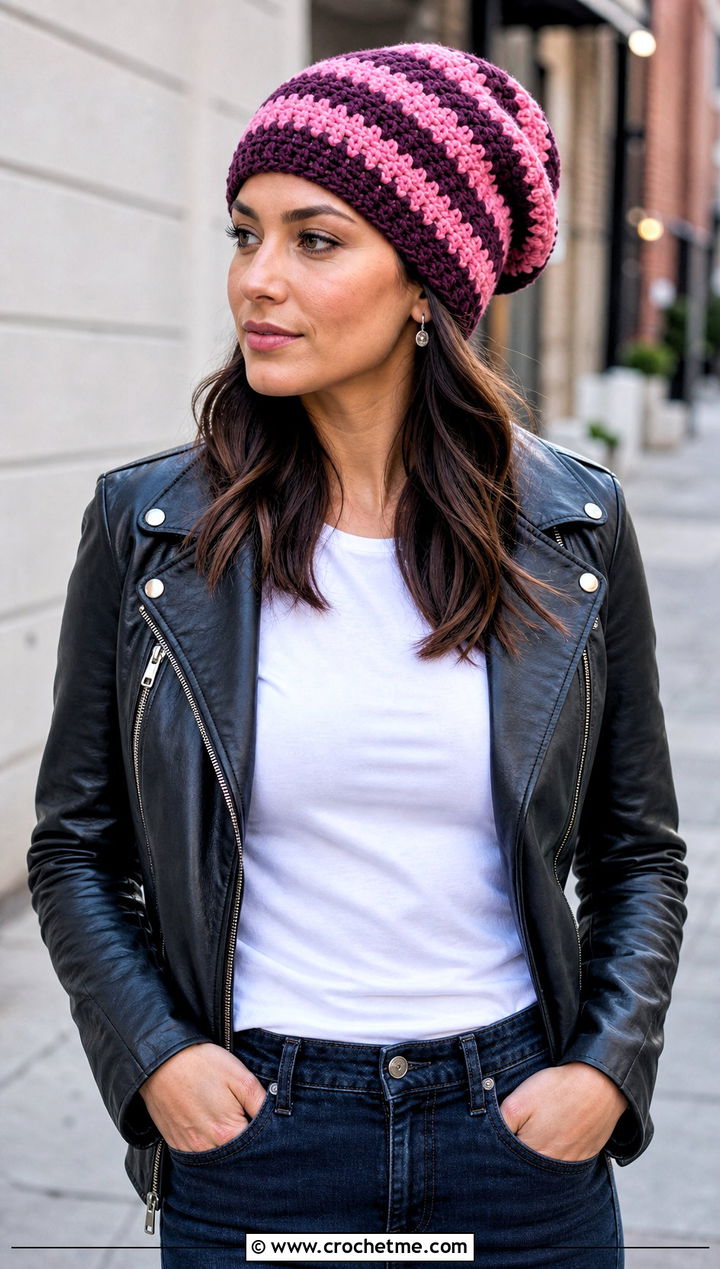 Slouchy Striped Crochet Beanie With Leather Jacket - 25 striped crochet beanie outfit ideas