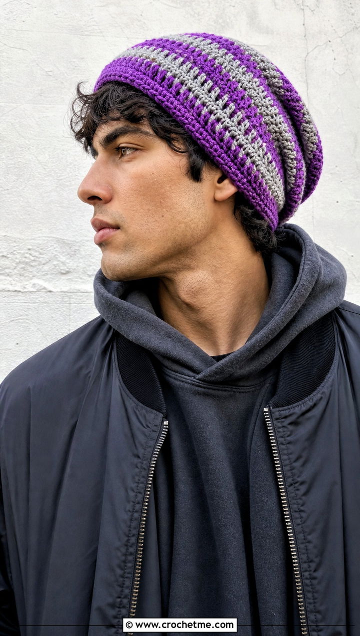 Slouchy Striped Crochet Beanie With Oversized Hoodie - 15 mens striped crochet beanie outfit ideas