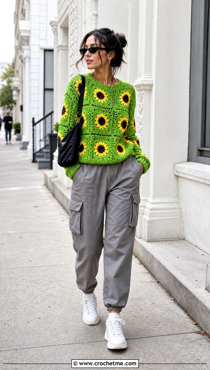 Slouchy Sunflower Granny Square Sweater With Cargo Pants - 30 sunflower granny square sweater outfit ideas