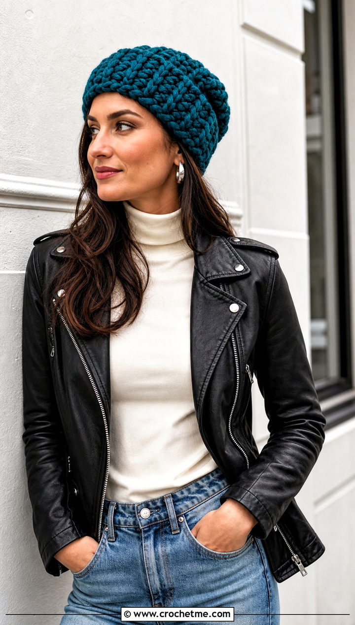 Slouchy Super Bulky Crochet Beanie With Leather Jacket - 15 Crochet Hat With Super Bulky Yarn outfit ideas