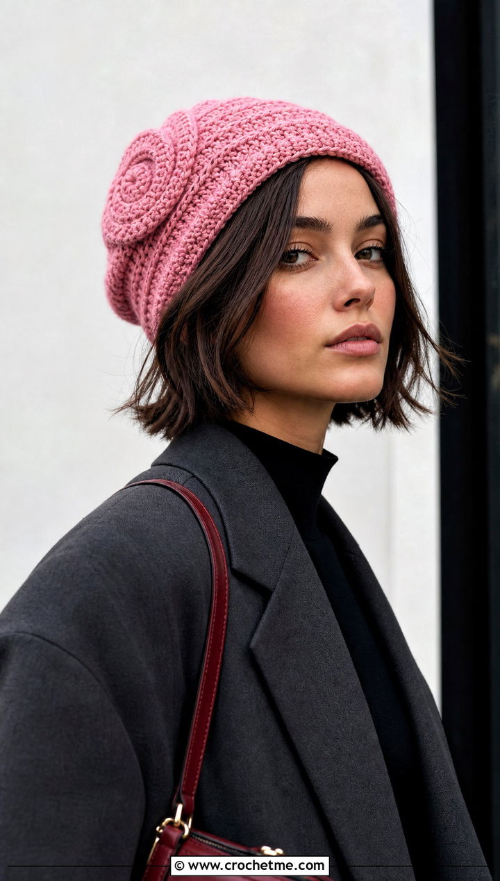 Slouchy Swirl Beanie With Oversized Blazer - 15 crochet swirl beanie outfit ideas