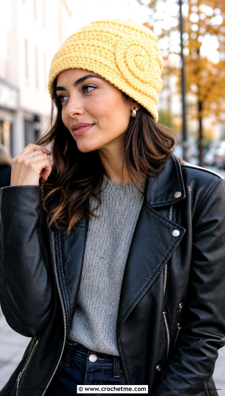 Slouchy Swirl Crochet Beanie With Leather Jacket And Jeans - 30 crochet swirl hat outfit ideas