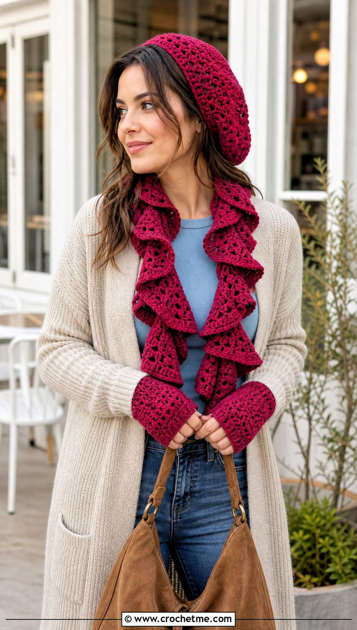 Slouchy Tam Ruffle Scarf And Fingerless Gloves With Cardigan - 25 crochet hat scarf gloves set outfit ideas