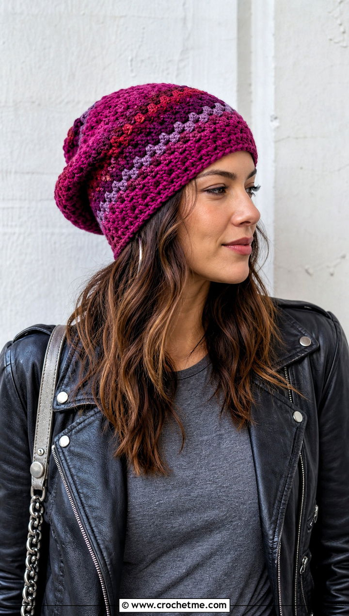 Slouchy Tempest Crochet Beanie With Leather Jacket - 15 tempest crochet beanie outfit ideas