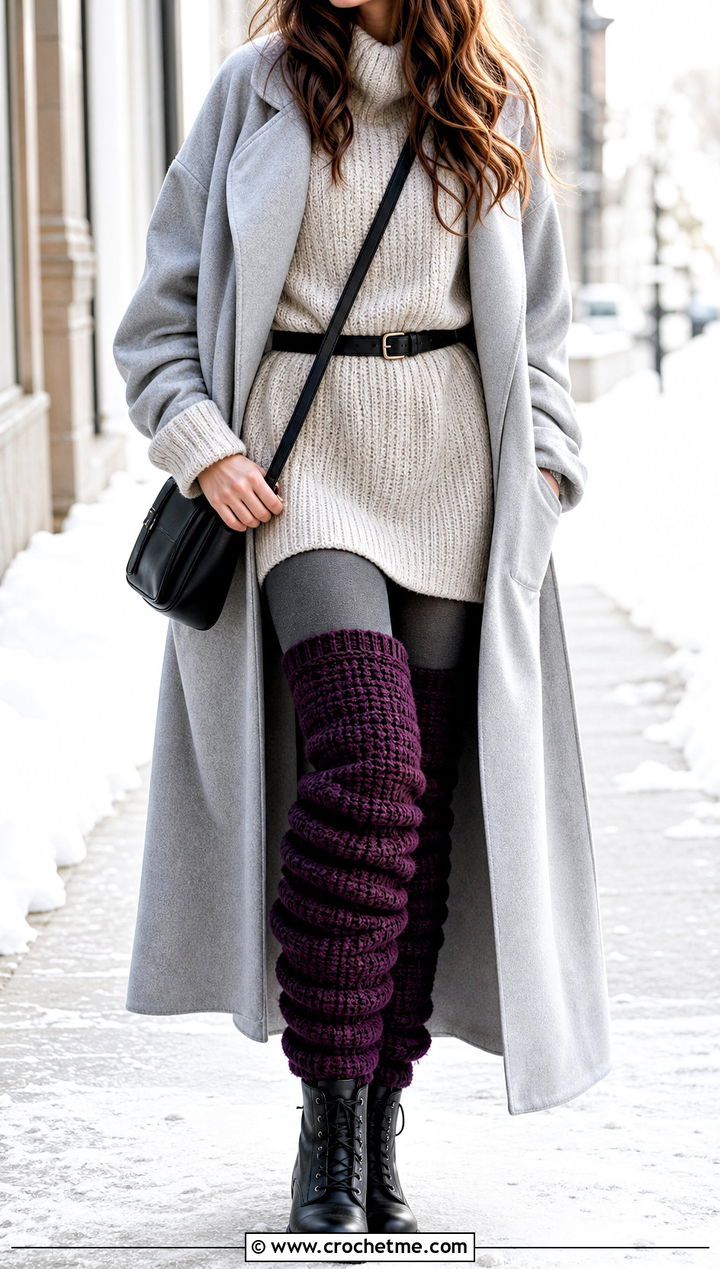 Slouchy Thigh High Crochet Leg Warmers With Sweater Dress - 25 Thigh High Crochet Leg Warmers outfit ideas