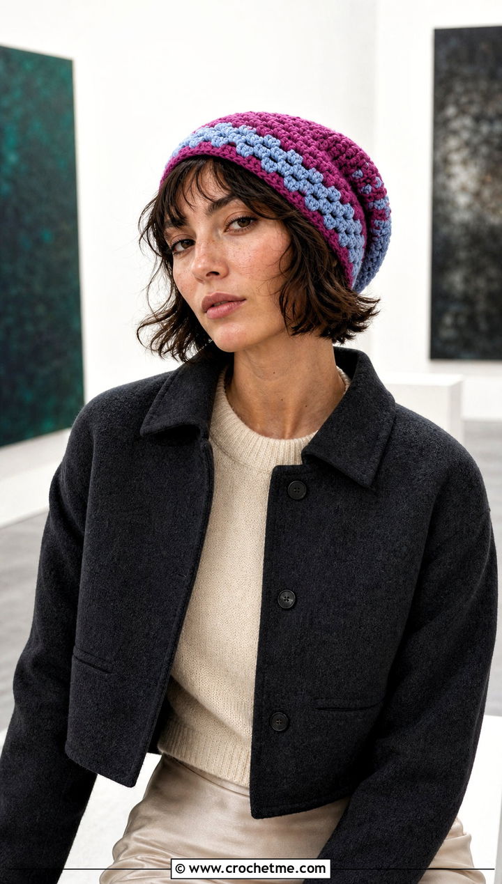 Slouchy Two Tone Crochet Beanie With Satin Skirt - 15 two tone crochet beanie outfit ideas