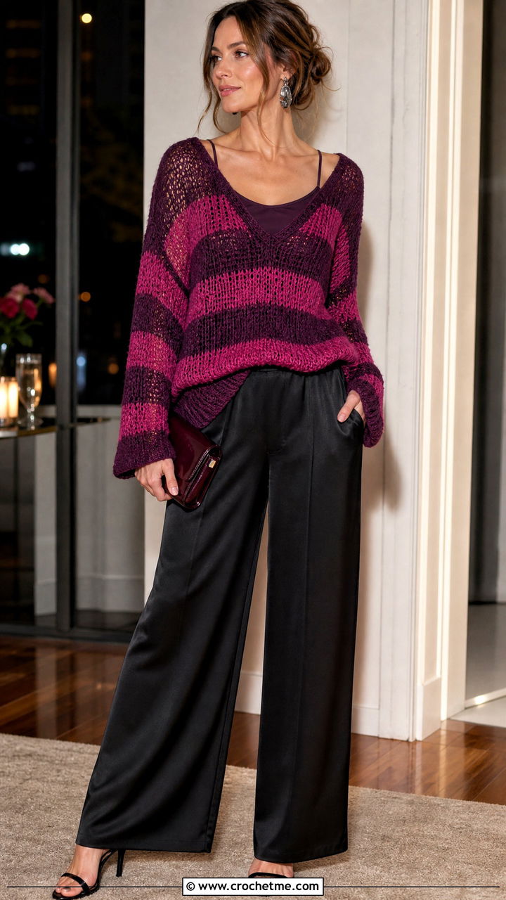 Slouchy V Neck Crochet Striped Sweater With Silk Pants - 35 crochet striped sweater outfit ideas
