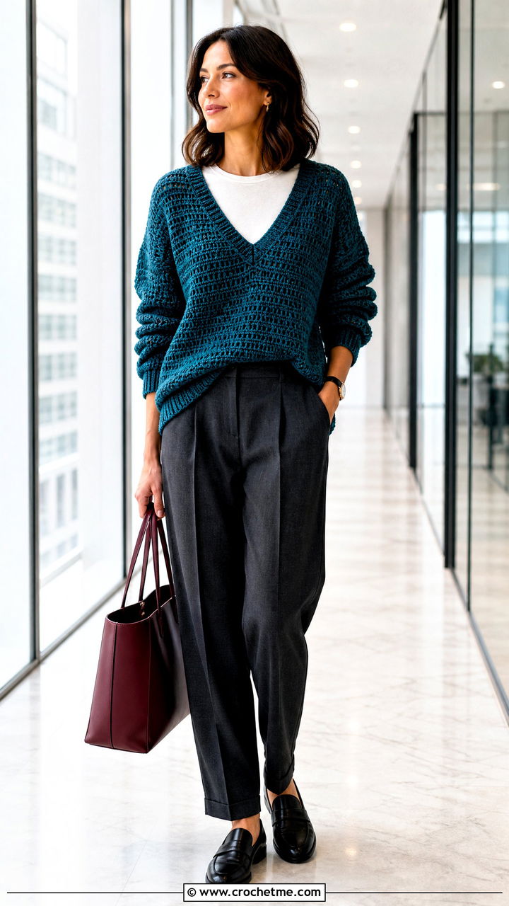 Slouchy V Neck Crochet Sweater With Tailored Trousers - 35 crochet loose sweater outfit ideas