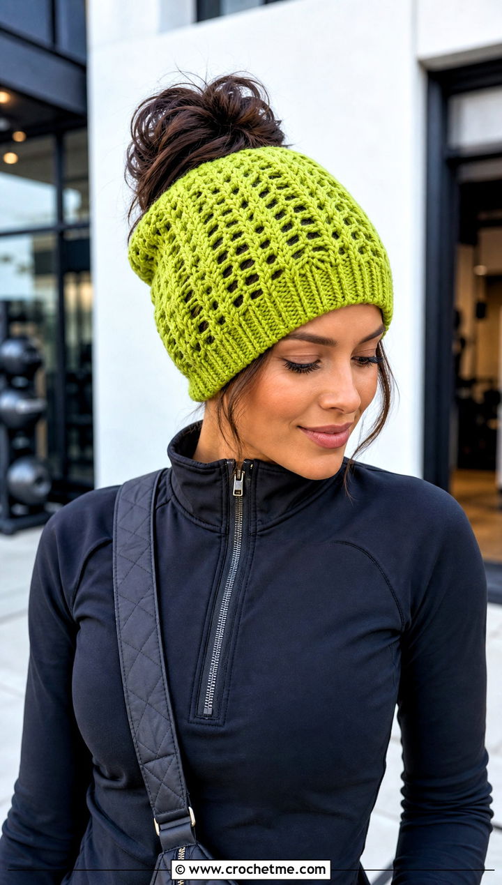 Slouchy V Stitch Bun Beanie With Leggings - 15 bun crochet hat outfit ideas