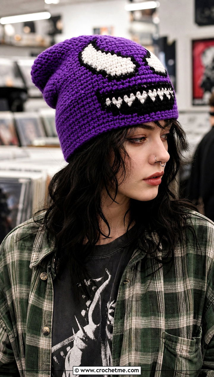 Slouchy Venom Crochet Beanie With Plaid Overshirt - 25 venom crochet beanie outfit ideas