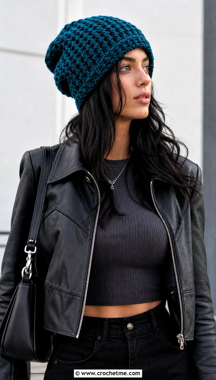 Slouchy Waffle Crochet Beanie With Leather Jacket - 20 Waffle Crochet Hat outfit ideas